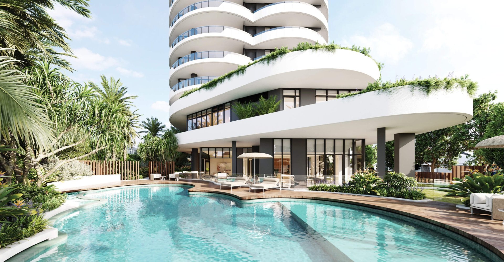 Architectural rendering of Chevron One Residences pool and podium